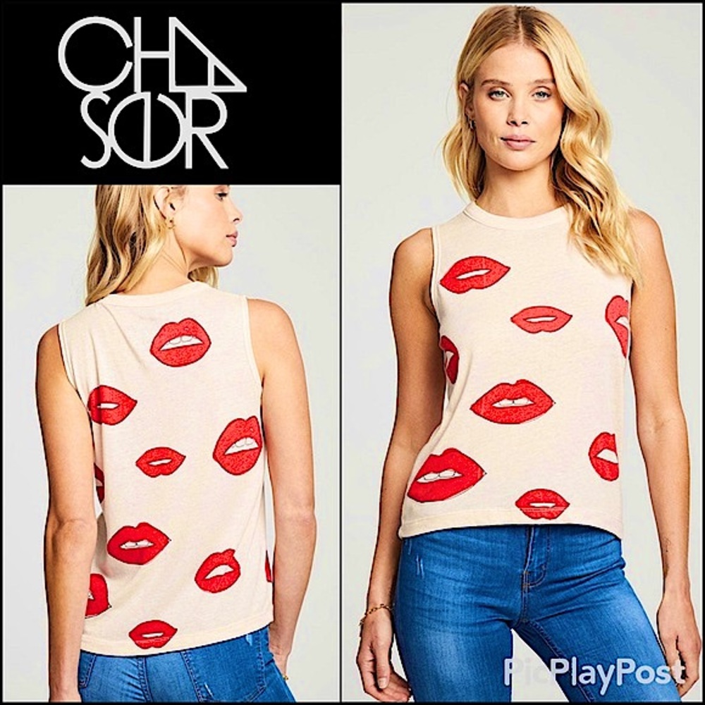 RARE Chaser LA RED Lips KISSes Pale Pink Color Muscle Tank Top NWT S KISS HTF